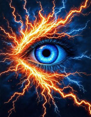 The primary subject of the image is a close-up of a blue eye with a yellow background. The eye is surrounded by a vibrant yellow light, giving the scene a dynamic and energetic atmosphere. The visual style of the image is digital art, as it appears to be a digital illustration or a photo manipulation. The colors and mood of the image are predominantly blue and yellow, with the blue eye being the focal point and the yellow background creating a sense of energy and movement.